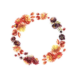 Round Watercolor flower Wreath. Circular red Peony wreath. Isolated on white background.