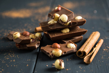 Broken chocolate bar with nuts and cinnamon