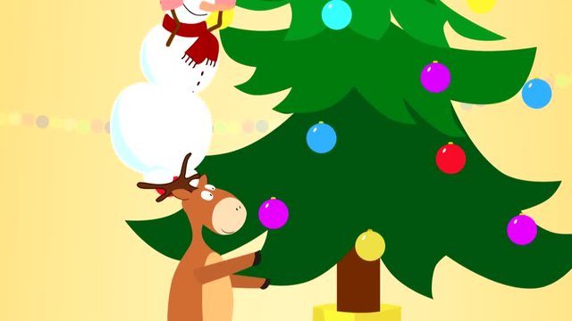 Santa Claus,reindeer and snowman decorate the Christmas tree.Santa Claus is trying to wear the star.they begin to sway and fall to the floor.animated video