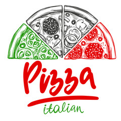 Italian pizza set, Pizza design template, logo hand drawn vector illustration realistic sketch