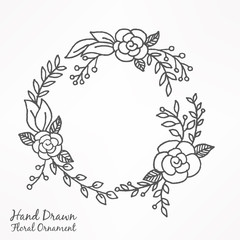 Hand drawn floral round frame. Floral wreath with leaves and flower. vector Illustration