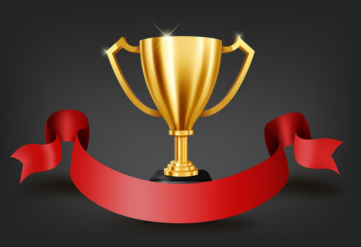Realistic Golden Trophy with text space on red ribbon, Vector Illustration