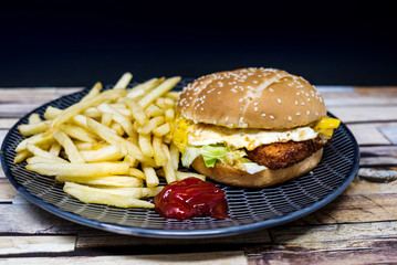 American fish burger with fresh salad