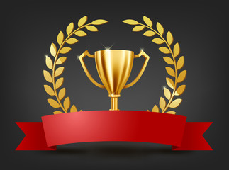 Realistic Golden Trophy with Gold Laurel Wreath and text space on red ribbon, Vector Illustration