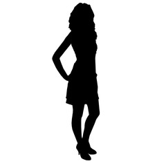 Silhouette of slim beautiful woman (girl) with long legs clothed in cocktail dress and high heels, standing with hands on her hips, vector.