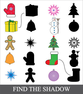 Find the correct shadow. Shadow matching game for children. Christmas (new year) icons.
