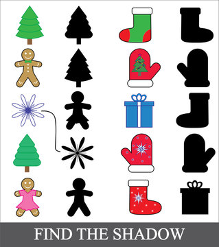 Kids game. Find the shadow. Christmas (new year) icons, vector.