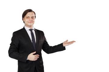 Businessman in a business suit, with an outstretched hand. Isolated on a white background