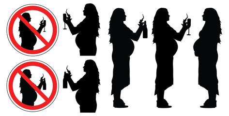 Pregnant woman, bad habits, silhouette. Prohibition signs of smoking and drinking alcohol, set, vector.