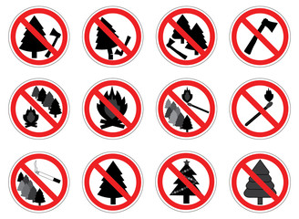 prohibition signs of action in forest (with trees), set, vector