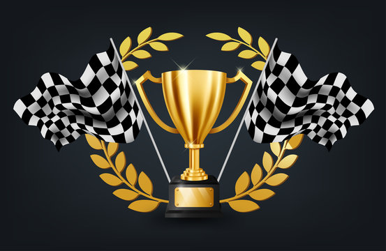 Realistic Golden Trophy with Gold Laurel Wreath and Checkered flag racing championship background, Vector Illustration