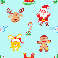 Obraz na płótnie Canvas Christmas pattern featuring a smiling reindeer, a welcoming Santa Claus, a bunny with Santa hat and a smiling cookie man. Hollies, winged letters, a candy cane and sleighs complete the pattern 