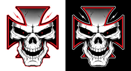 Vector illustration with Maltese cross with a skull. Biker symbol. Motorcycle club T shirt graphics concept.