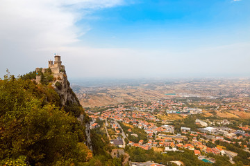 San marino, San Marino - July 10, 2017: Panoramic View of a castle tower.