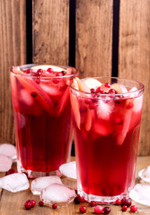 Glass of Cold Winter Drink With Fresh Cranberry and Apple Cold Drink Ice Vertical Berry Ice Tea