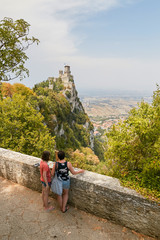 San marino, San Marino - 10 July 2017: Artists draw from nature a castle.