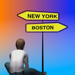 Ragazzo seduto davanti alle scelte della vita, NEW YORK or BOSTON