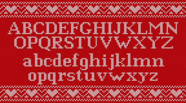 Knitted font. Christmas knit Latin alphabet on seamless pattern. Nordic Fair Isle knitting background. Sweater Xmas Valentine winter design with heats. Vector graphics.