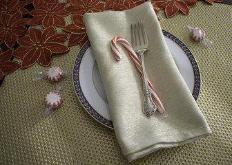 Place setting with plate napkin fork and candy cane