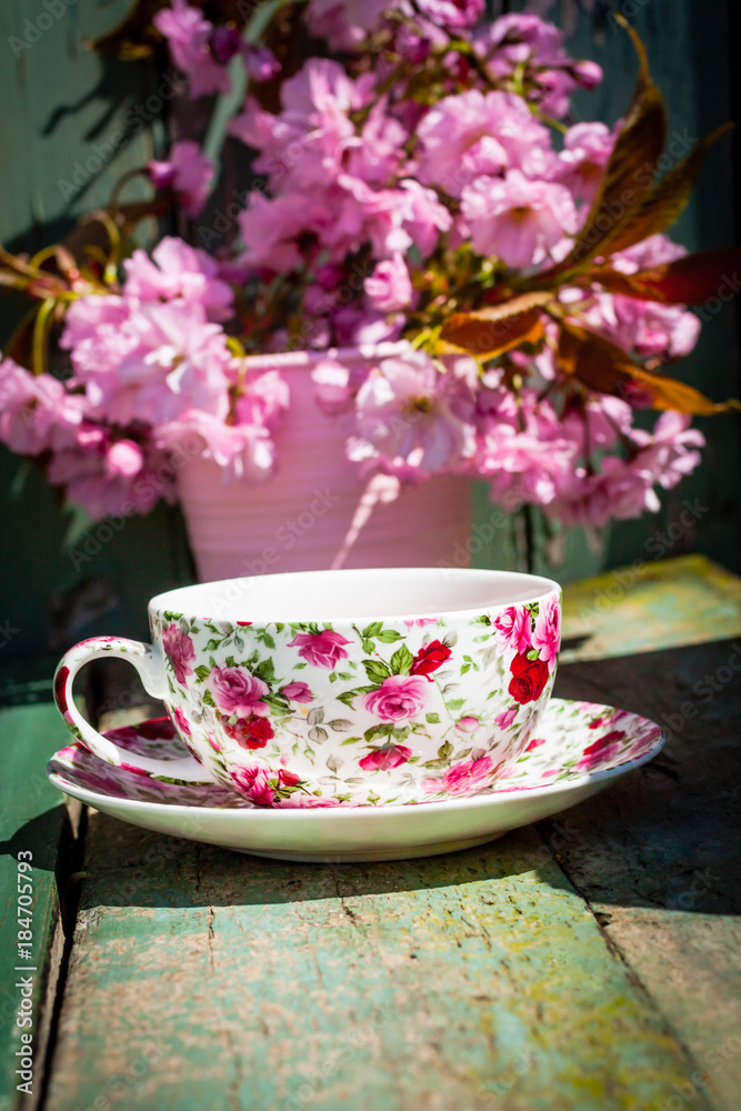 Sticker Beautiful, English, vintage teacup with Japanese cherry tree blossoms, close upt