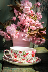 Obraz na płótnie Canvas Beautiful, English, vintage teacup with Japanese cherry tree blossoms, close upt