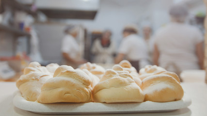 Fresh hot pastries in the bakery
