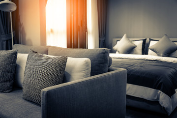 contemporary interior of Living room with part of sofa in sunny day and white curtain interior background concept