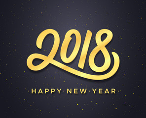Happy New Year text and gold calligraphic number 2018 on black background with glitters. Greeting card design with lettering for winter holidays. Vector illustration