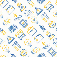 Electricity seamless pattern with thin line icons: electrician, bulb, pylon, toolbox, cable, electric car, hand, solar battery. Vector illustration for banner, web page, print media.