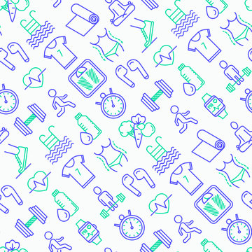 Fitness seamless pattern with thin line icons of running, dumbbell, waist, healthy food, swimming pool, pulse, wireless earphones, sportswear, yoga. Modern vector illustration.