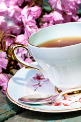 Beautiful, English, vintage teacup with Japanese cherry tree blossoms, close upt