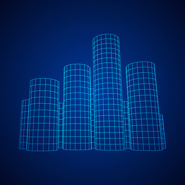 Mesh Low Poly Wireframe Cylinder Array Like Skyscraper City. Connected Lines. Connection Box Structure. Digital Data Visualization Concept. Vector Illustration.