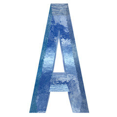 Conceptual blue light cold frosted water or ice winter season font isolated on white snow background. Cool crystal decorative character cut of frozen liquid, transpaernt 3D illustration concept