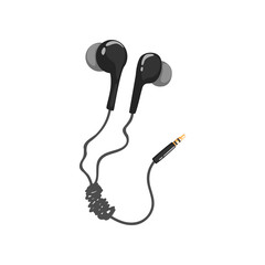 Black corded earphones, music technology accessory cartoon vector Illustration