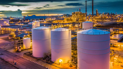 Aerial view oil terminal is industrial facility for storage tank of oil and petrochemical industry...