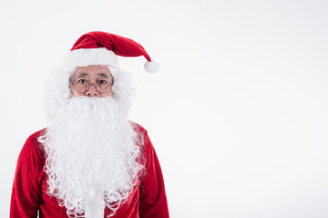 Portrait of a happy Santa cross on a white background, Winter holiday, Merry Christmas and happy new year concept