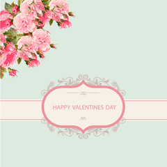 The greeting card is framed in the form of beautiful pink roses in the upper corner.