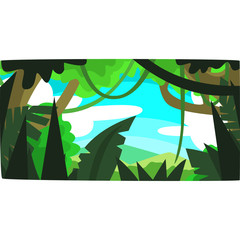 Tropical jungle, greenwood background with leaves, bushes and trees, tropical forest scenery in a day time vector illustration