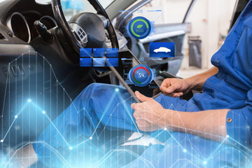 mechanic man with tablet pc making car diagnostic