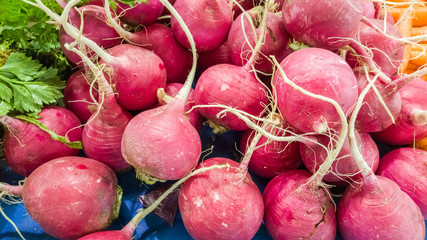 Group of fresh organic turnips on a counter in a typical Turkish greengrocery bazaar in Eskisehir, Turkey.
