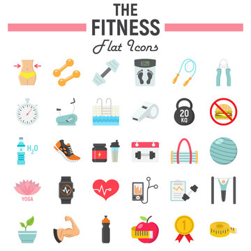 Fitness flat icon set, sport symbols collection, vector sketches, logo illustrations, healthy diet signs colorful solid pictograms package isolated on white background, eps 10.