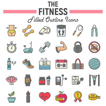 Fitness filled outline icon set, sport symbols collection, vector sketches, logo illustrations, healthy diet signs colorful line pictograms package isolated on white background, eps 10.