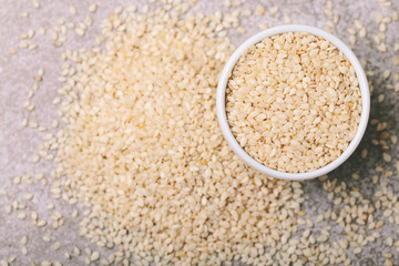 White sesame seeds. Copy space. Top view.