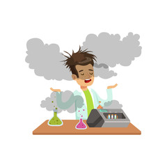 Boy scientist after a failed experiment, mixture explosion, schoolgirl at chemistry lesson vector Illustration