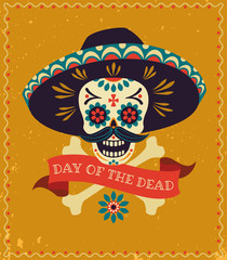 Dia de los muertos. Day of The Dead vector poster with festive skull in sombrero, bones, and ribbon with inscription on yellow textured background.