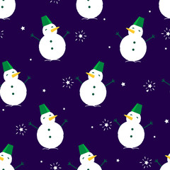 Seamless pattern with snowman and star on dark background. Ornament for textile and wrapping. Vector.