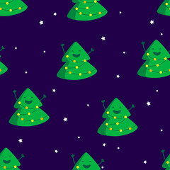 Seamless pattern with tree and star on dark background. Ornament for textile and wrapping. Vector.