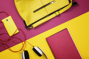 Set of different women's accessories and other items. Flat lay.