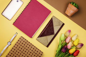 Bag, flowers and other womens accessories by color and the bright background. The view from the top. Flat lay.