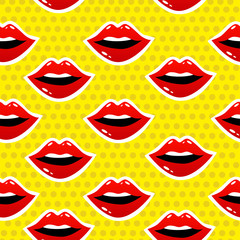 Female lips. Mouth with a kiss, smile, tongue, teeth and kiss me lettering on background. Vector comic seamless pattern in pop art retro style. Abstract seamless pattern for girls, boys, clothes.